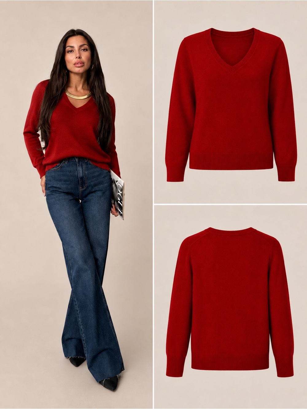 Halogen 100% Cashmere Red V-Neck Sweater Size L